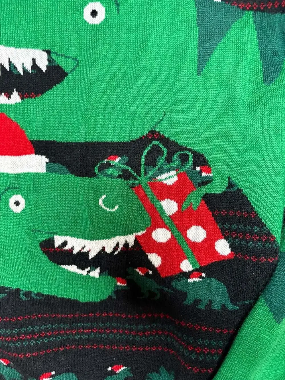 You Look Ugly Today Dinosaur Christmas Sweater with Santa Hats and Presents